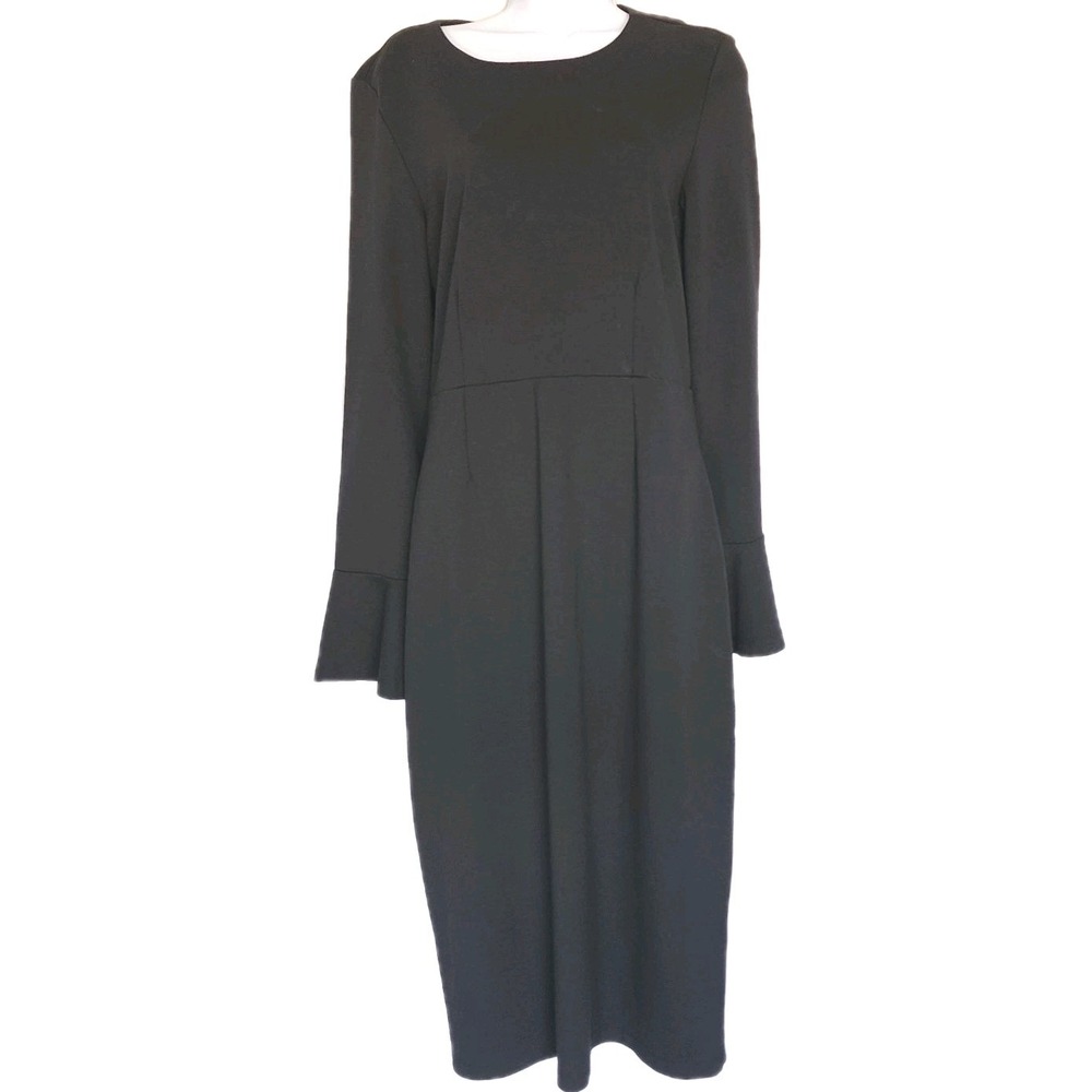 Iris & Ink Midi Dress Womens 8 Black Fluted Sleeve Jersey Stretch Career Classic